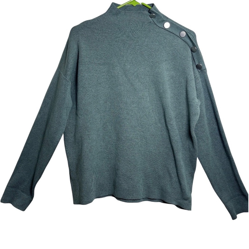 Tahari Sweater Women Large Green Mock Neck Button Shoulder Long Sleeve Knit